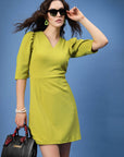 Lime Green V-Neck Puff Sleeves A-Line Mini Dress