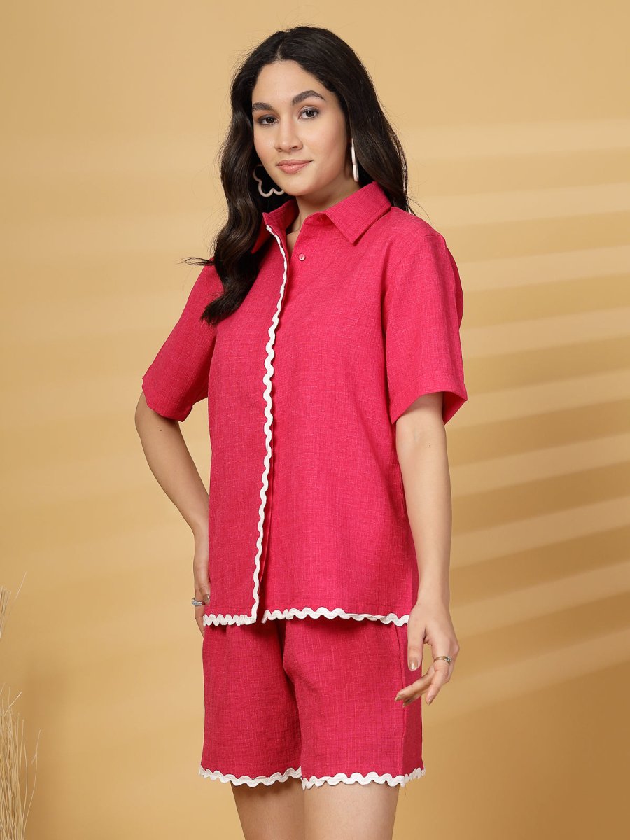 Red Solid Cotton Shirt With Sord Co-Ords