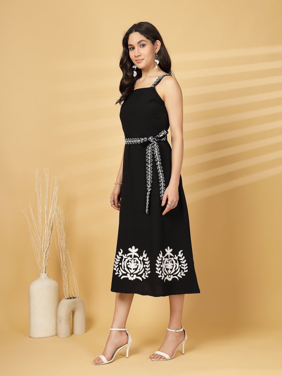 Black Solid Self Design Shoulder Straps Dress