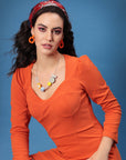 Orange V-Neck Sheath Dress
