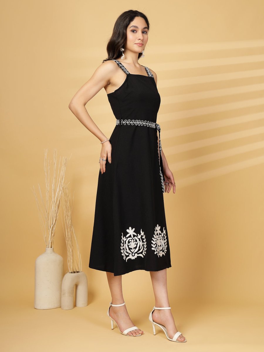 Black Solid Self Design Shoulder Straps Dress