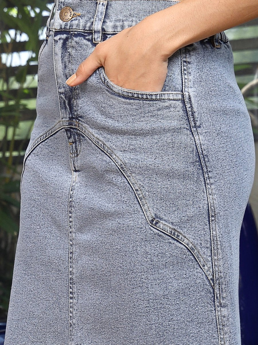 Blue Denim A-Line Maxi Skirt light-blue