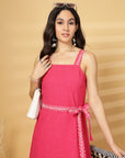 Pink Solid Self Design Shoulder Straps Dress