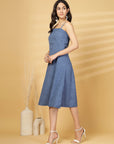 Blue Solid A-line Shoulder Straps Dress