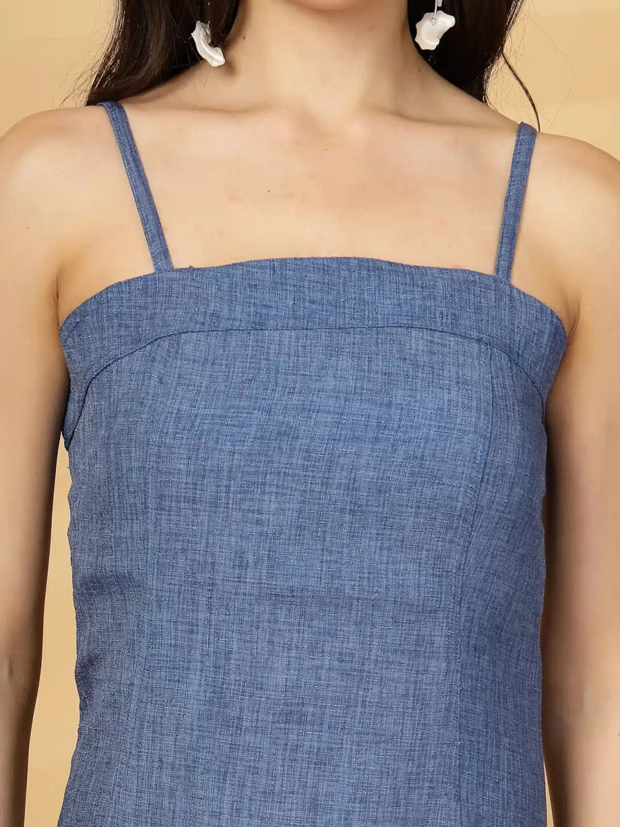 Blue Solid A-line Shoulder Straps Dress