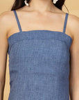 Blue Solid A-line Shoulder Straps Dress