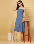 Blue Solid A-line Shoulder Straps Dress