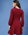 Maroon Keyhole Neck Puff Sleeve Fit  Flare Dress