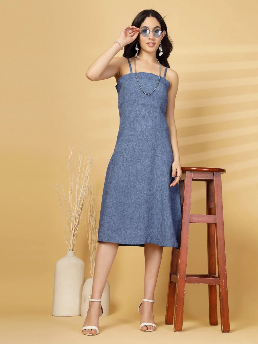 Blue Solid A-line Shoulder Straps Dress