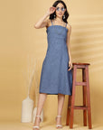 Blue Solid A-line Shoulder Straps Dress
