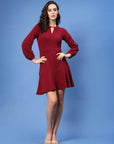 Maroon Keyhole Neck Puff Sleeve Fit  Flare Dress