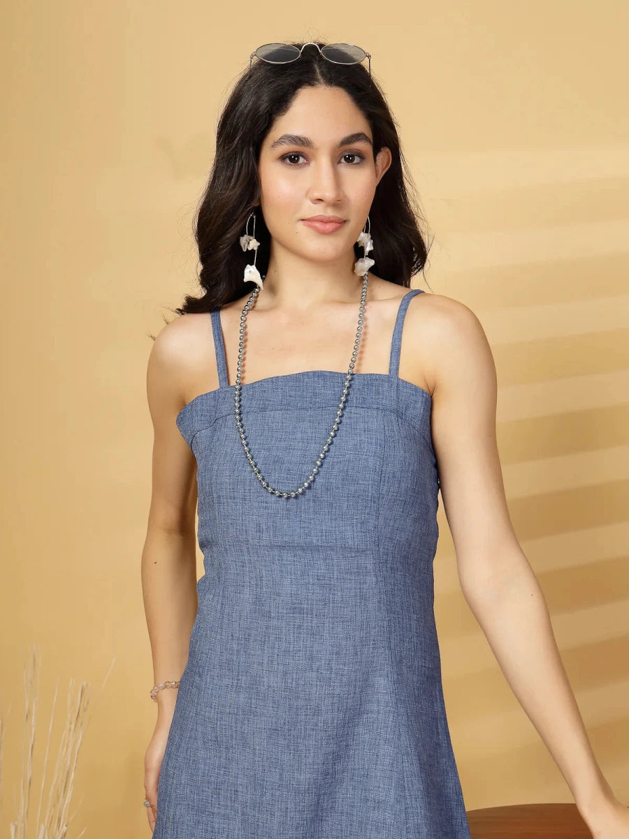 Blue Solid A-line Shoulder Straps Dress