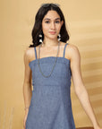 Blue Solid A-line Shoulder Straps Dress