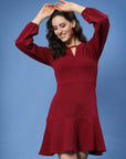 Maroon Keyhole Neck Puff Sleeve Fit  Flare Dress