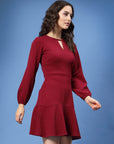Maroon Keyhole Neck Puff Sleeve Fit  Flare Dress