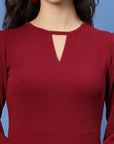 Maroon Keyhole Neck Puff Sleeve Fit  Flare Dress