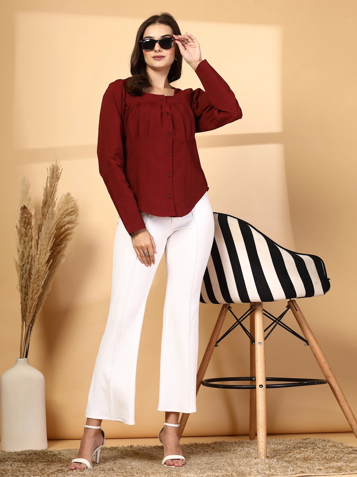 Women Rust Opaque Casual Buttoned Top