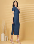 Solid Blue Shirt Collar fit & flare Dress