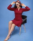 Maroon Keyhole Neck Puff Sleeve Fit  Flare Dress