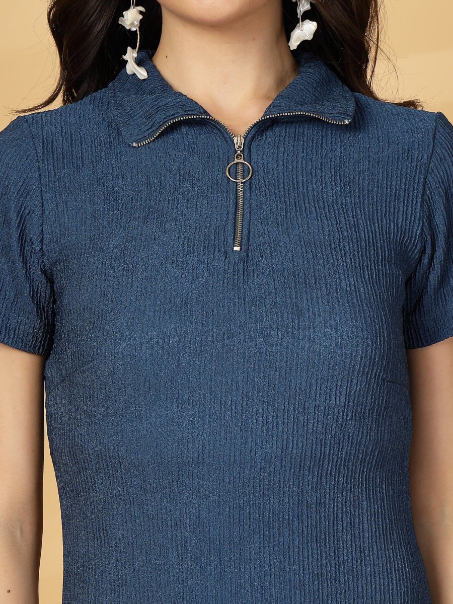 Solid Blue Shirt Collar fit &amp; flare Dress