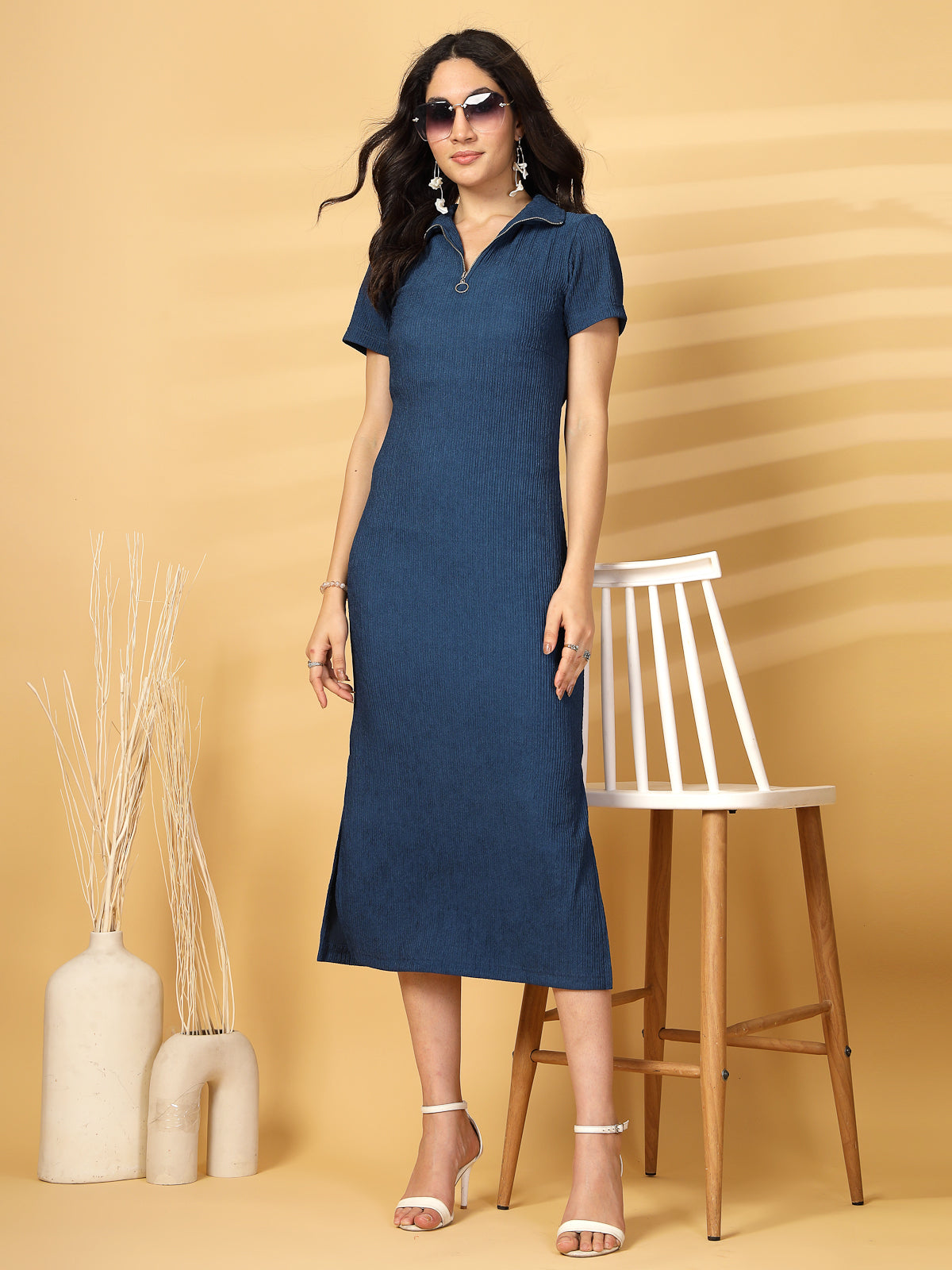 Solid Blue Shirt Collar fit &amp; flare Dress