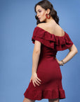 Maroon Off-Shoulder Ruffles Sheath Dress