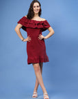 Maroon Off-Shoulder Ruffles Sheath Dress