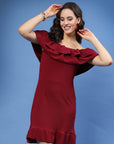 Maroon Off-Shoulder Ruffles Sheath Dress