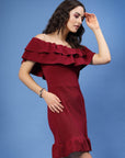 Maroon Off-Shoulder Ruffles Sheath Dress