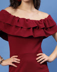 Maroon Off-Shoulder Ruffles Sheath Dress