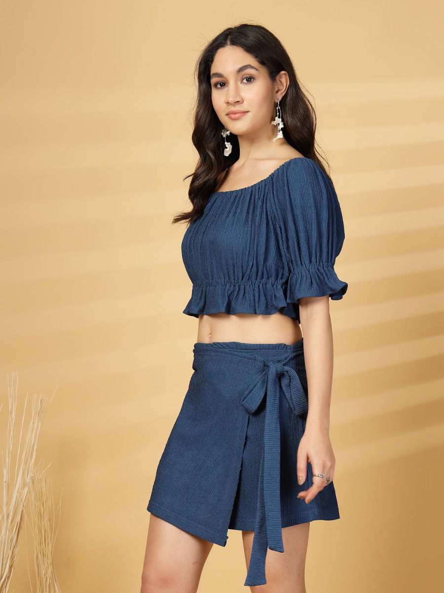 Blue Solid Top With Skirt Co-Ords Set