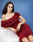 Maroon Off-Shoulder Ruffles Sheath Dress