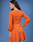Orange Puff Sleeve Cut-Outs Detail Flounce Hem A-Line Mini Dress