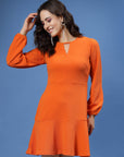 Orange Puff Sleeve Cut-Outs Detail Flounce Hem A-Line Mini Dress