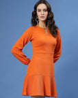 Orange Puff Sleeve Cut-Outs Detail Flounce Hem A-Line Mini Dress