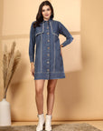 Solid Blue Fit & Flare Denim Dress