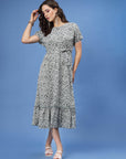 Grey Abstract Printed Fit  Flare Midi Dress