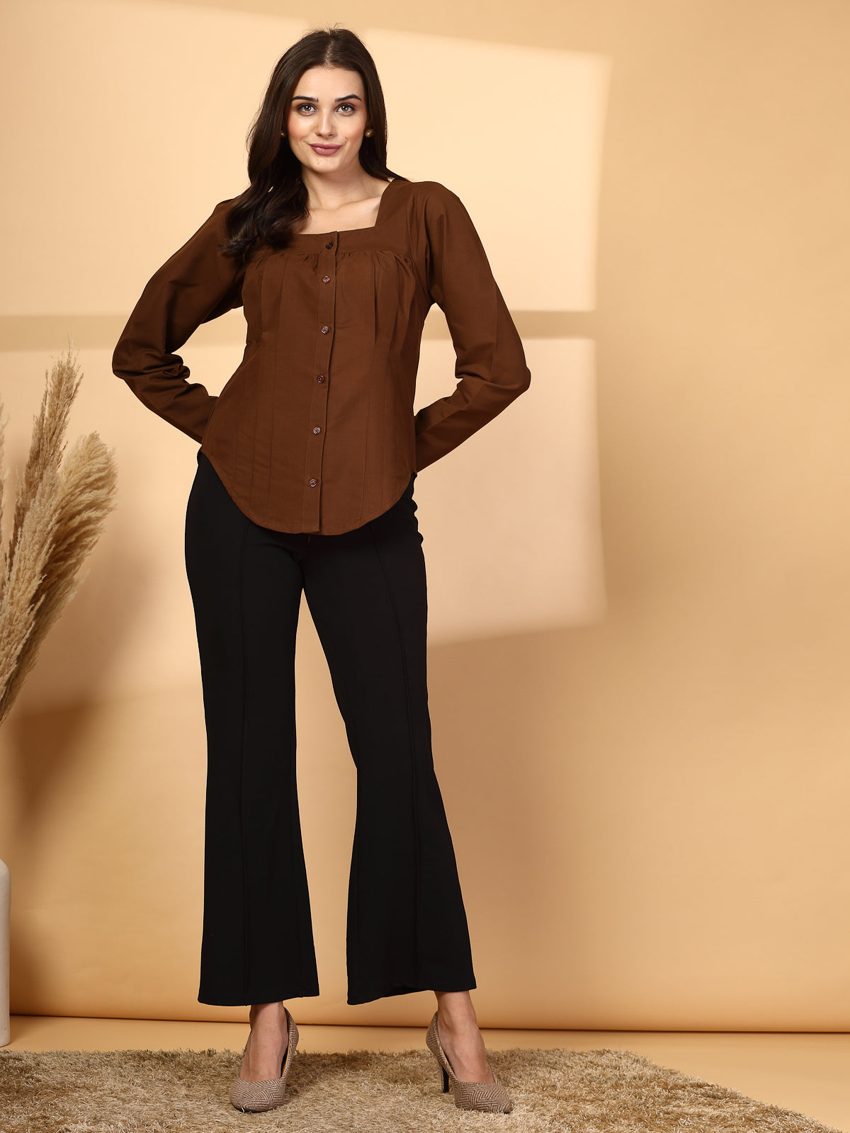 Women Brown Opaque Casual Shirt