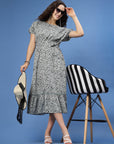 Grey Abstract Printed Fit  Flare Midi Dress