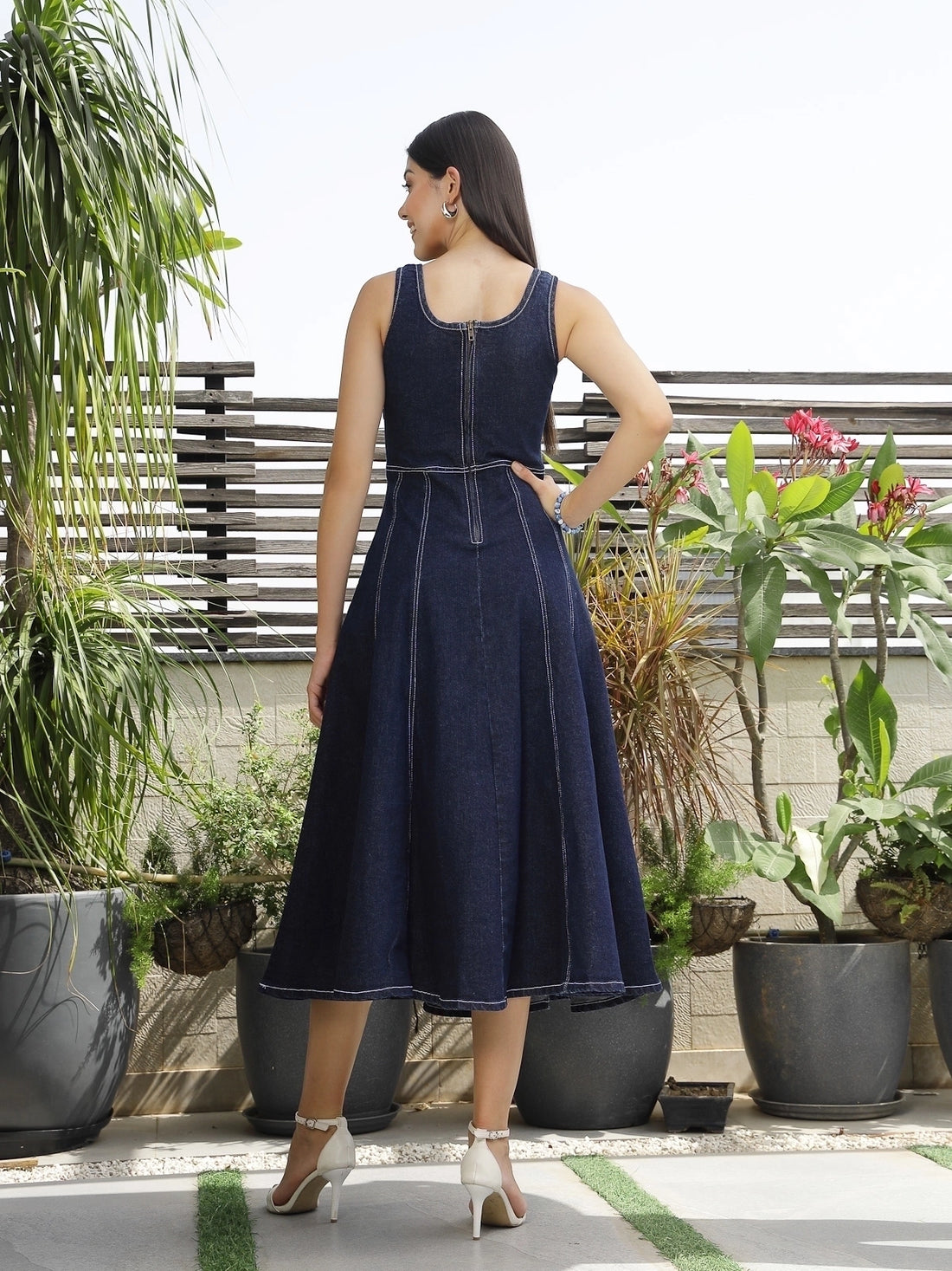Solid Denim Round Neck Midi Dress