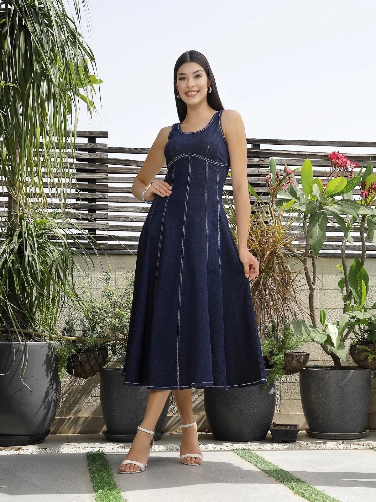 Solid Denim Round Neck Midi Dress
