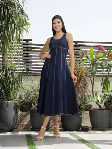 Solid Denim Round Neck Midi Dress