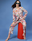 Floral Printed Shirt Collar Top With Trousers