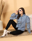 Women Solid Light Blue Denim Shirt