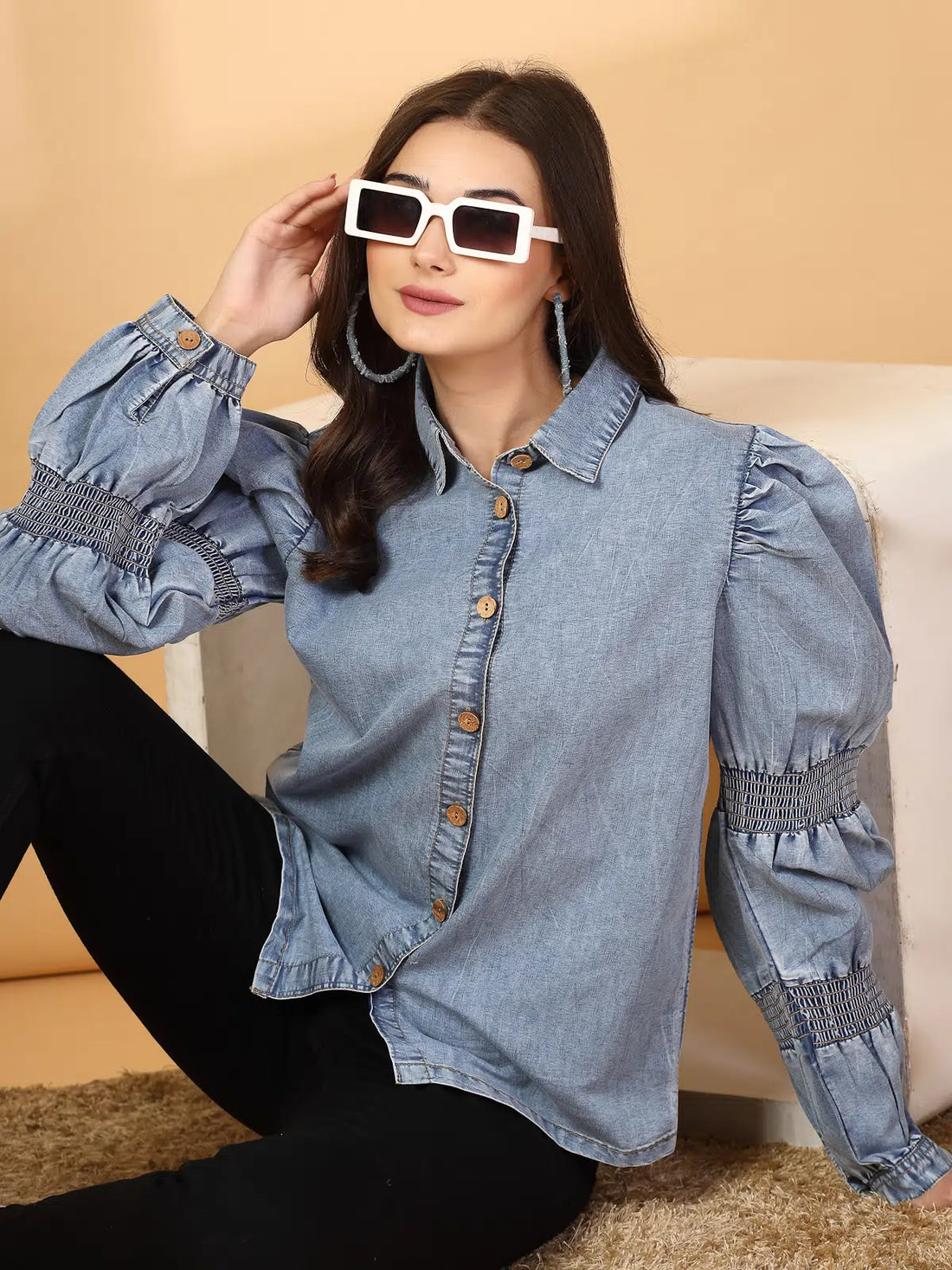 Women Solid Light Blue Denim Buttoned Top