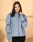 Women Solid Light Blue Denim Buttoned Top
