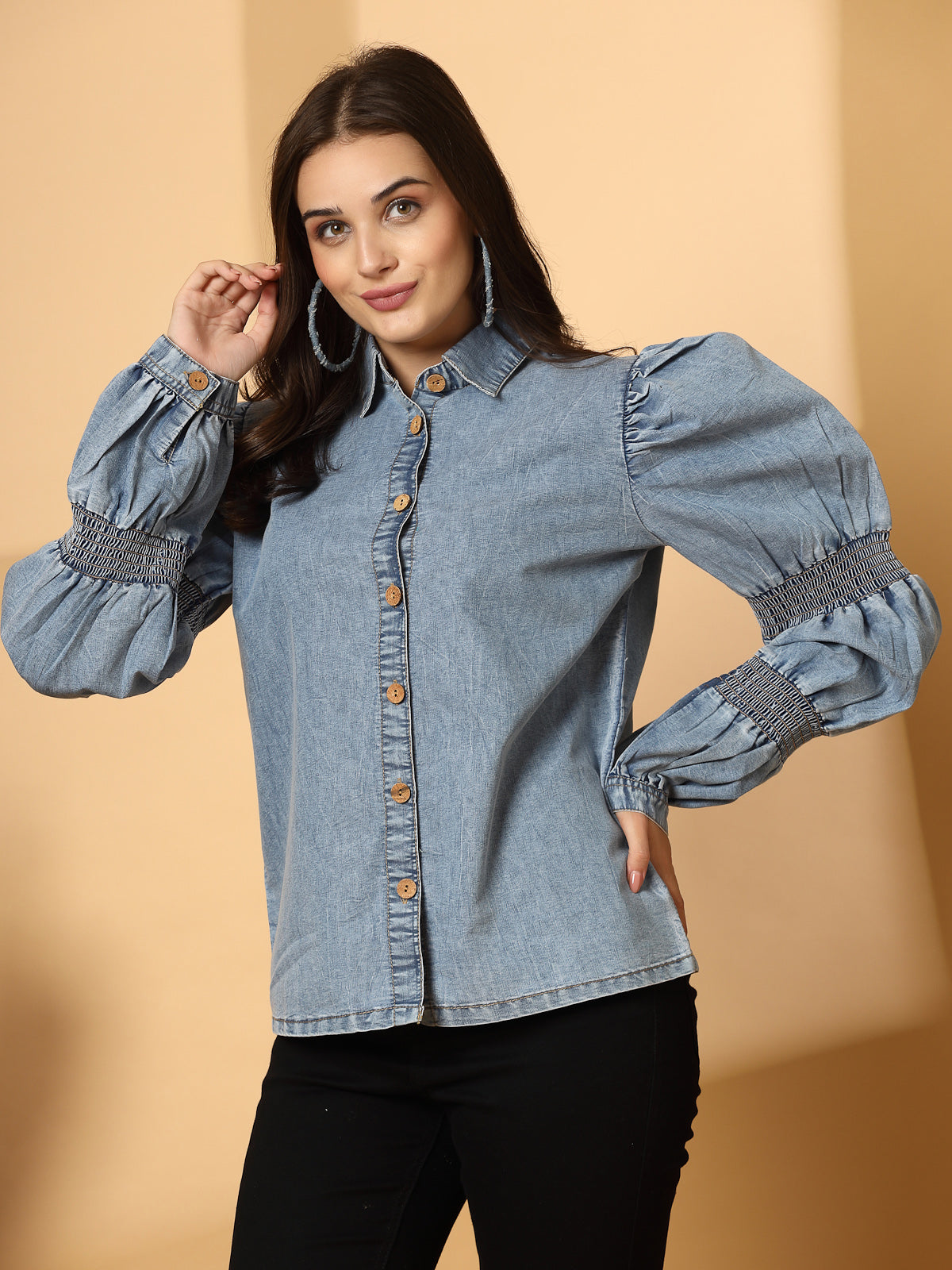 Women Solid Light Blue Denim Shirt