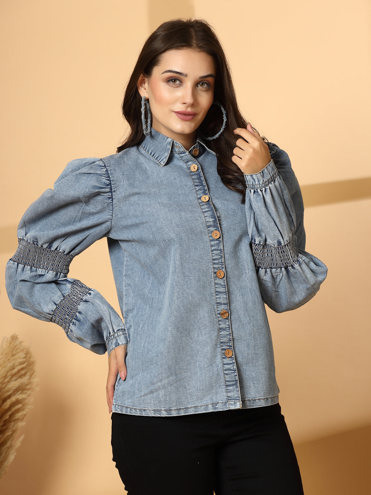 Women Solid Light Blue Denim Shirt