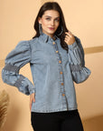 Women Solid Light Blue Denim Buttoned Top
