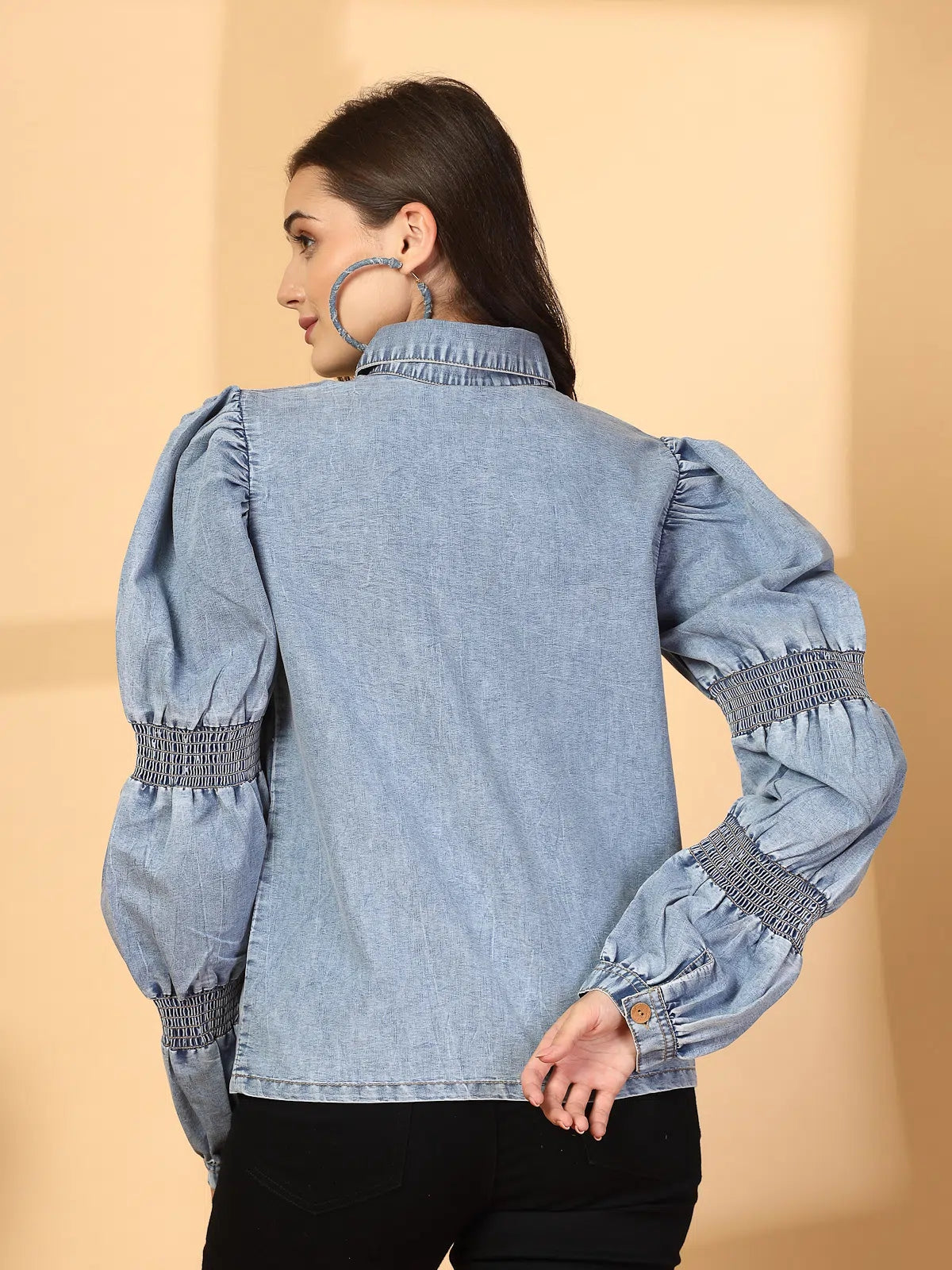 Women Solid Light Blue Denim Buttoned Top